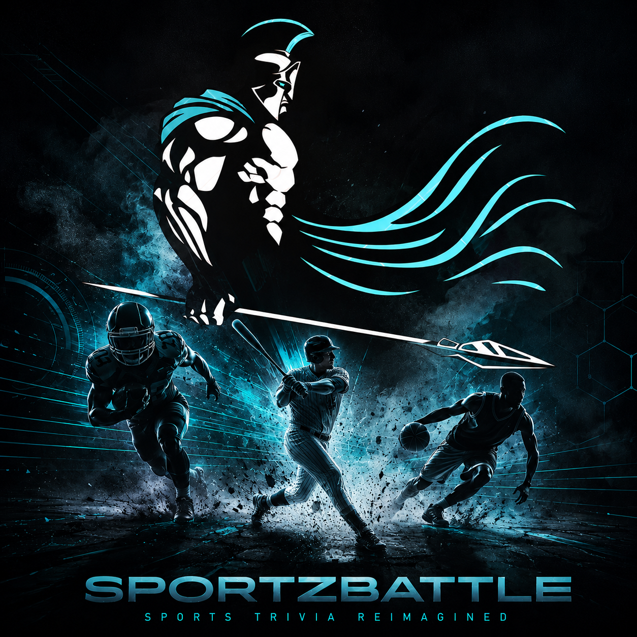 SportzBattle — sports trivia reimagined, featuring football, baseball, and basketball players beneath a Spartan warrior
